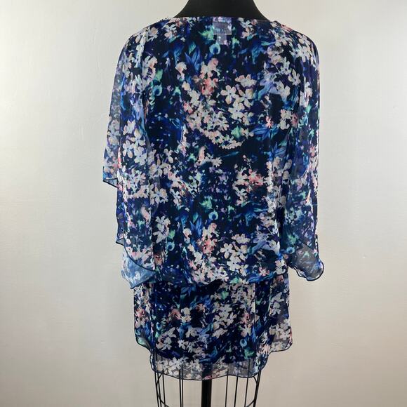 Badgley Mischka Blue Pink Floral Print V-Neckline Beaded Swimsuit Cover Up Sz L - Picture 4 of 6